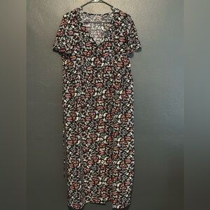 Black Floral Midi Dress with Red and White Flowers
